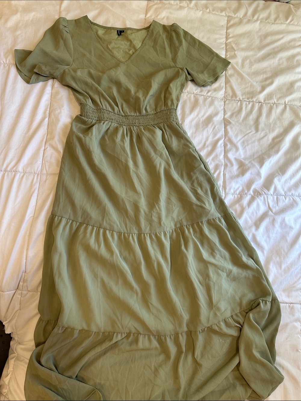 Smocked-Waist Olive Green Maxi Dress with V-Neck